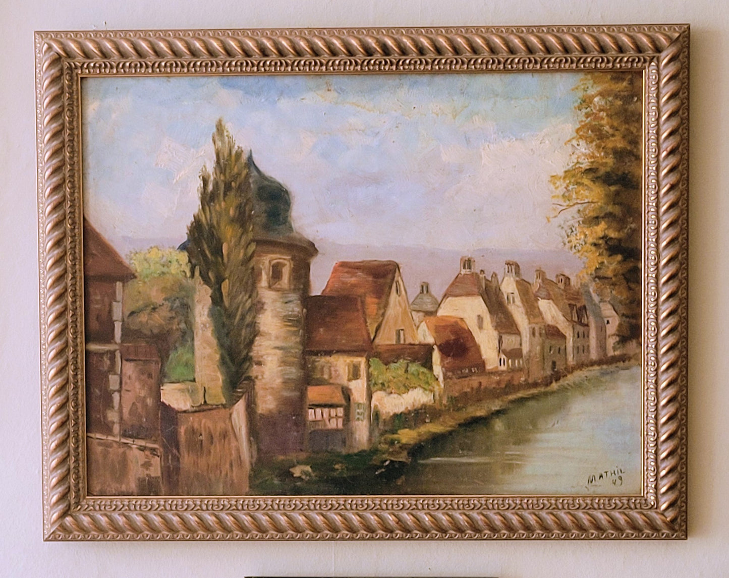 Mid century French riverside scene