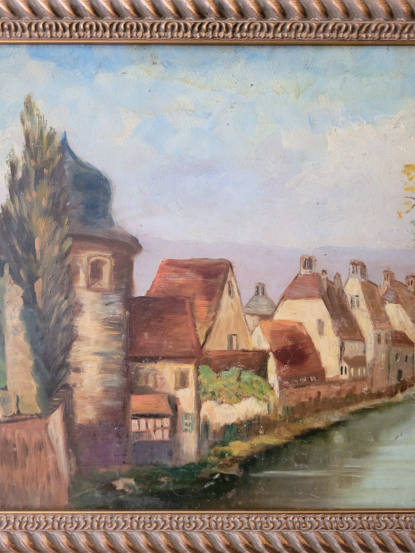 Mid century French riverside scene