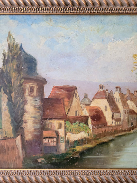 Mid century French riverside scene